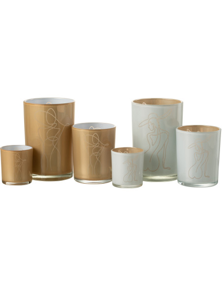 Photophore Cylindrique Lady Diamètre 12 cm en Verre Blanc Beige Motif femme abstraite (Lot de 2) - 5