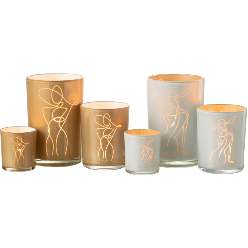 Photophore Cylindrique Lady Diamètre 12 cm en Verre Blanc Beige Motif femme abstraite (Lot de 2) - 6