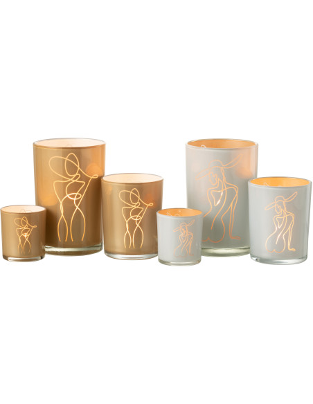 Photophore Cylindrique Lady Diamètre 12 cm en Verre Blanc Beige Motif femme abstraite (Lot de 2) - 6