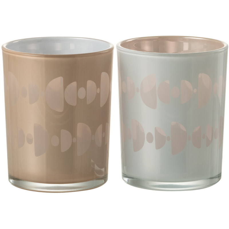 Photophore Cylindrique Lunare Diamètre 10 cm en Verre Beige Blanc Motif demi-lune (Lot de 2) - 1