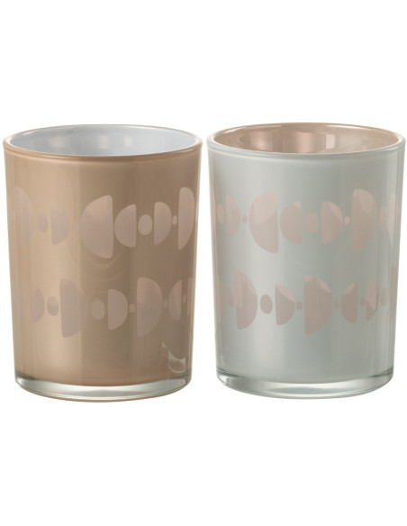 Photophore Cylindrique Lunare Diamètre 10 cm en Verre Beige Blanc Motif demi-lune (Lot de 2) - 1