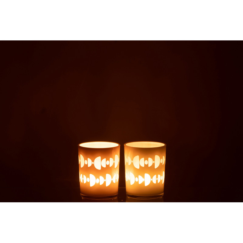 Photophore Cylindrique Lunare Diamètre 10 cm en Verre Beige Blanc Motif demi-lune (Lot de 2) - 4