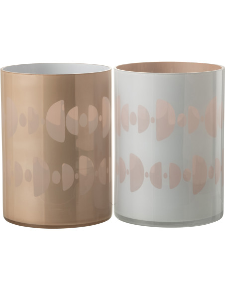 Photophore Cylindrique Lunare Diamètre 15 cm en Verre Beige Blanc Motif demi-lune (Lot de 2) - 1