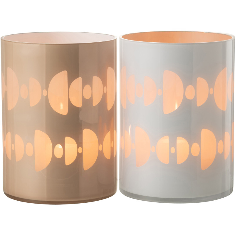 Photophore Cylindrique Lunare Diamètre 15 cm en Verre Beige Blanc Motif demi-lune (Lot de 2) - 3