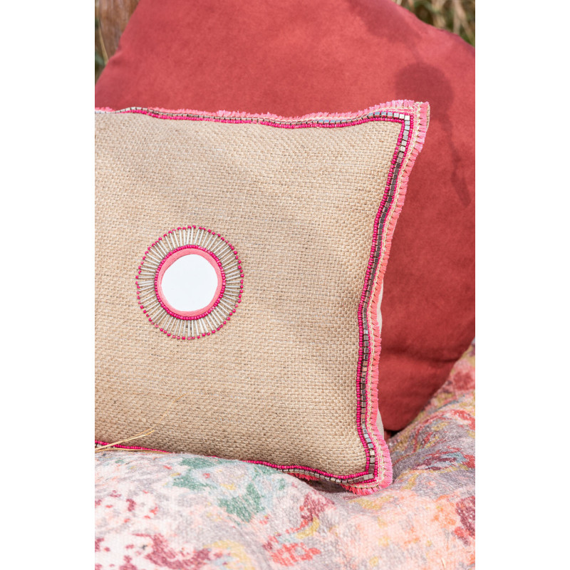 Coussin XL Rectangulaire Tamsin 65x35 en Jute Naturel Coton Rose Miroir - 2