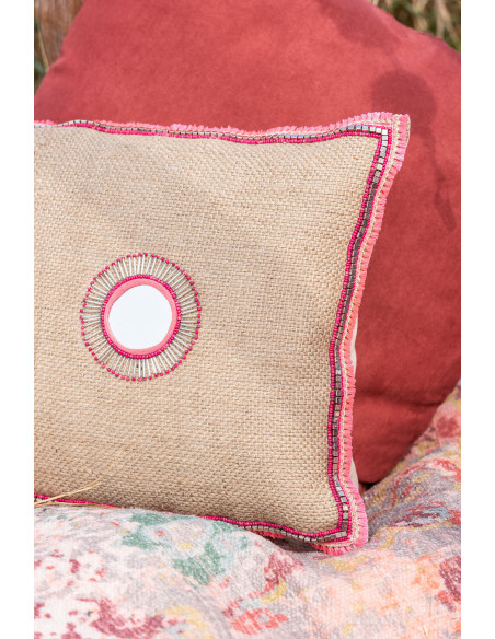 Coussin XL Rectangulaire Tamsin 65x35 en Jute Naturel Coton Rose Miroir - 2