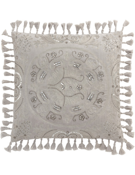 Coussin Carré Drom 45x45 en Velours Gris Motf marocain Avec pompons - 1