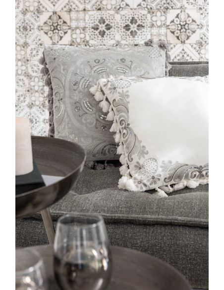 Coussin Carré Drom 45x45 en Velours Gris Motf marocain Avec pompons - 2