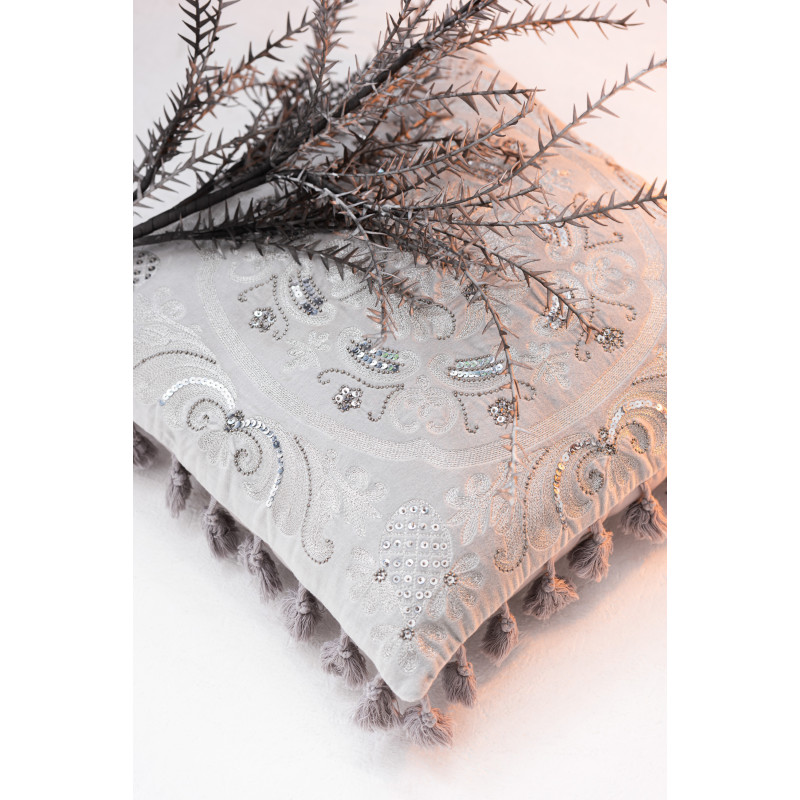 Coussin Carré Drom 45x45 en Velours Gris Motf marocain Avec pompons - 4