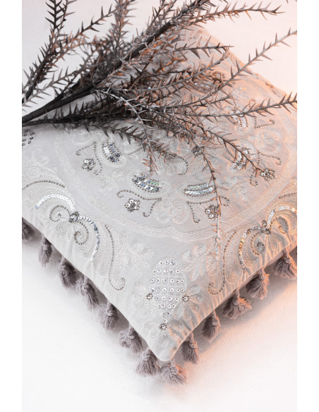 Coussin Carré Drom 45x45 en Velours Gris Motf marocain Avec pompons - 4