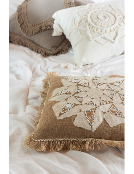 Coussin Carré Trivose 45x45 en Coton Taupe Motif losange Avec franges - 2