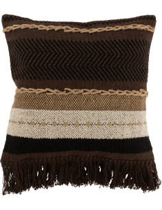 Coussin Carré Widjo 45x45 en Coton Marron Beige Motif rayures Avec pompons - 1