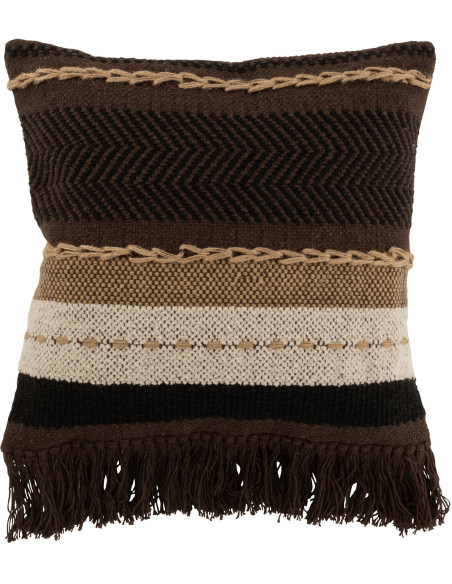 Coussin Carré Widjo 45x45 en Coton Marron Beige Motif rayures Avec pompons - 1