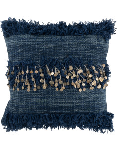 Coussin Carré Élégie 45x45 en Coton Bleu Sequin Doré Avec franges - 1