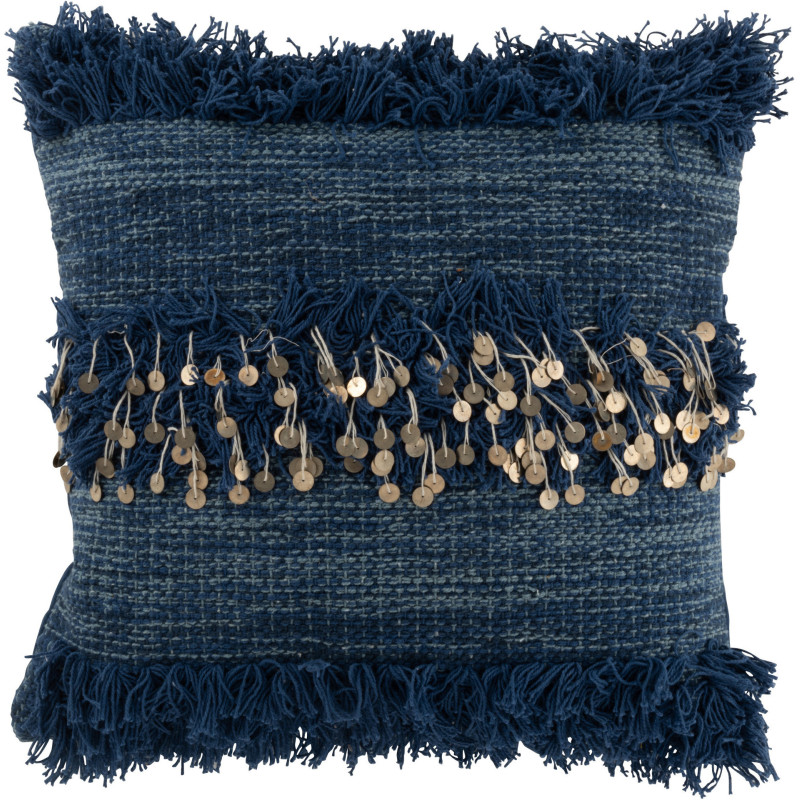 Coussin Carré Élégie 45x45 en Coton Bleu Sequin Doré Avec franges - 1