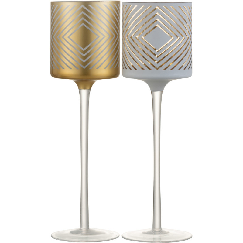 Photophore sur pied Cylindrique XL Quandrilo Diamètre 9 cm en Verre Blanc Doré Motif losanges (Lot de 2) - 1