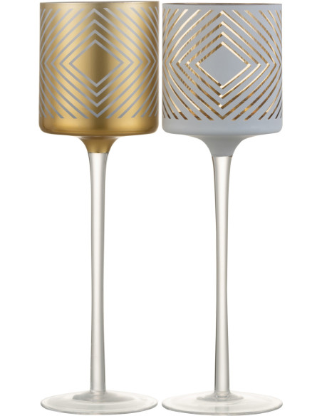 Photophore sur pied Cylindrique XL Quandrilo Diamètre 9 cm en Verre Blanc Doré Motif losanges (Lot de 2) - 1