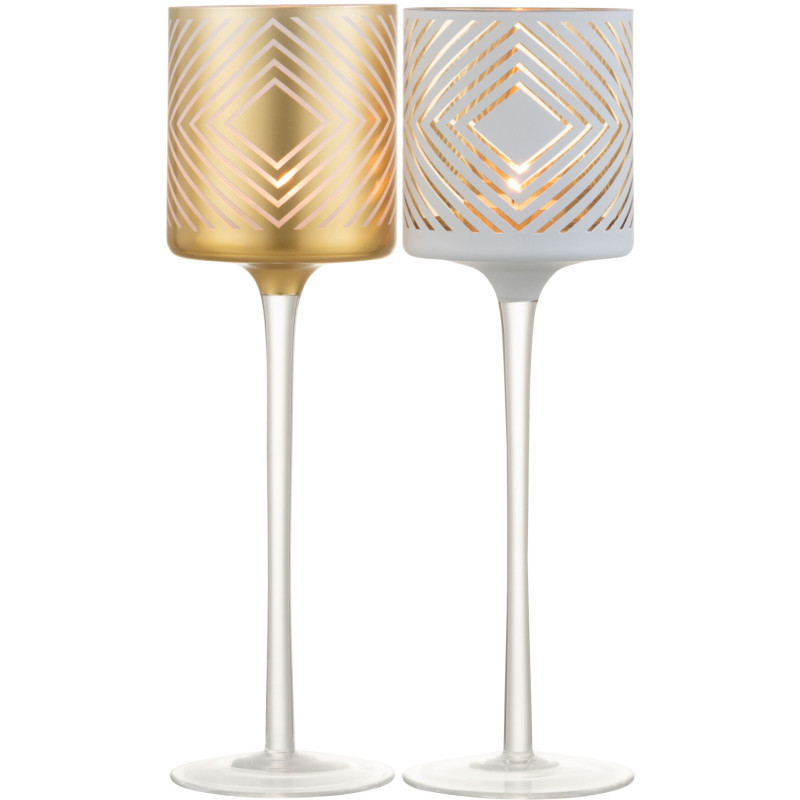 Photophore sur pied Cylindrique XL Quandrilo Diamètre 9 cm en Verre Blanc Doré Motif losanges (Lot de 2) - 2