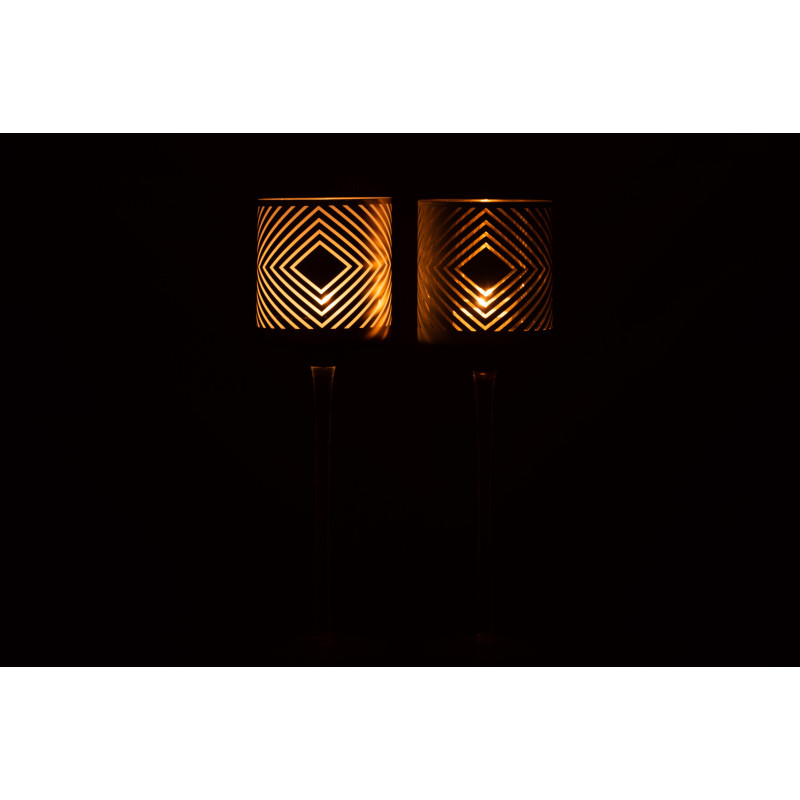 Photophore sur pied Cylindrique XL Quandrilo Diamètre 9 cm en Verre Blanc Doré Motif losanges (Lot de 2) - 3