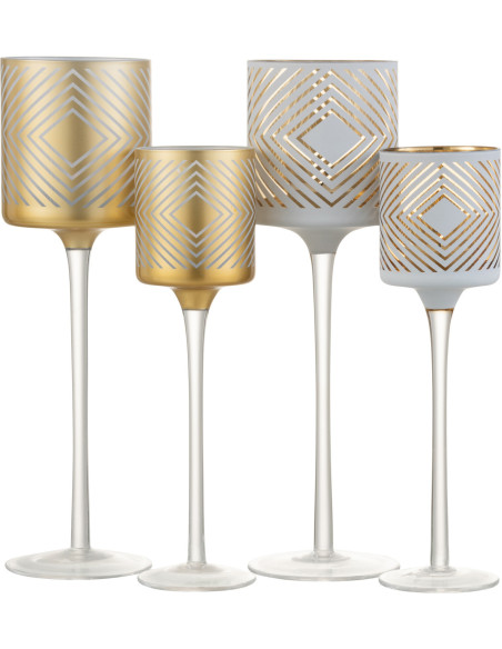 Photophore sur pied Cylindrique XL Quandrilo Diamètre 9 cm en Verre Blanc Doré Motif losanges (Lot de 2) - 4