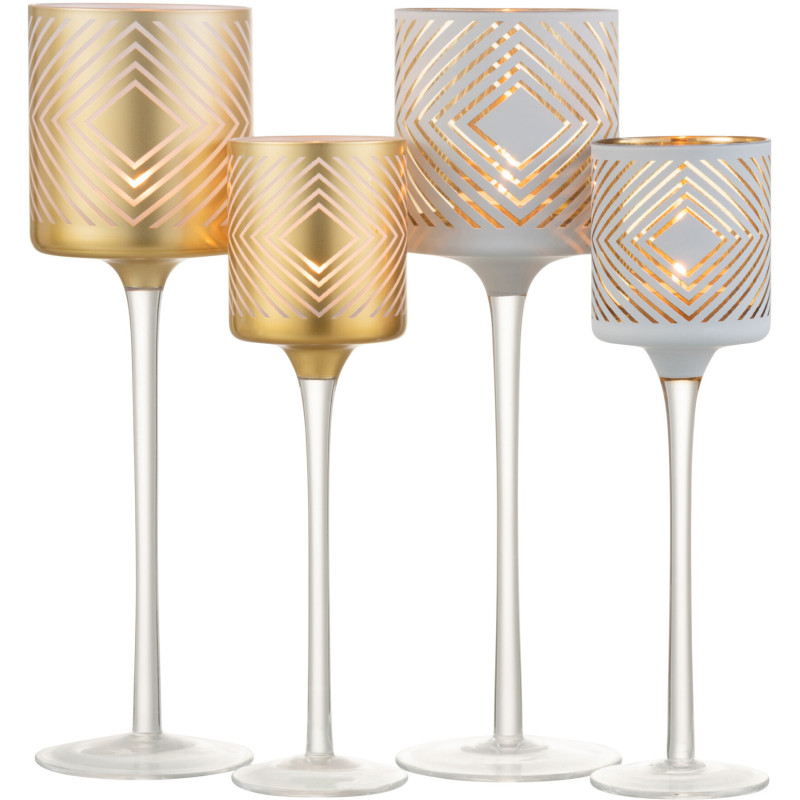 Photophore sur pied Cylindrique XL Quandrilo Diamètre 9 cm en Verre Blanc Doré Motif losanges (Lot de 2) - 5