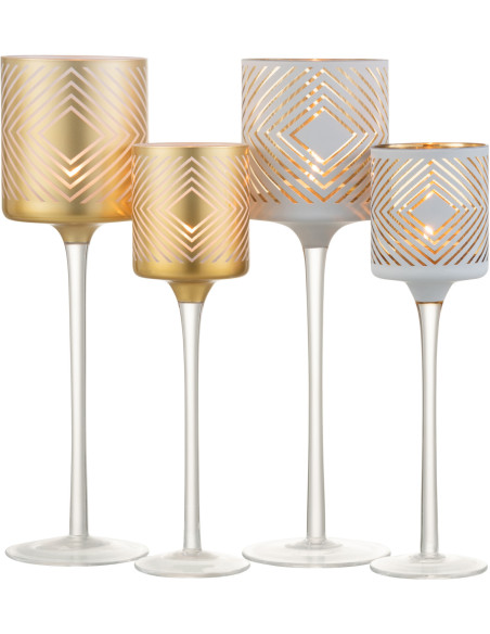 Photophore sur pied Cylindrique XL Quandrilo Diamètre 9 cm en Verre Blanc Doré Motif losanges (Lot de 2) - 5