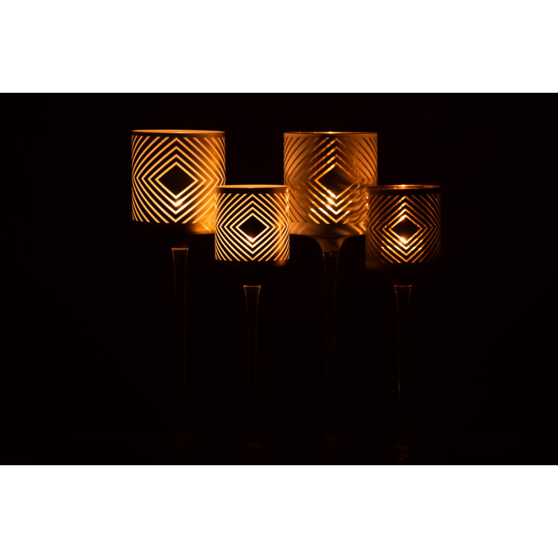 Photophore sur pied Cylindrique XL Quandrilo Diamètre 9 cm en Verre Blanc Doré Motif losanges (Lot de 2) - 6