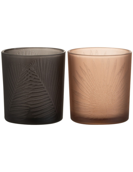Photophore Cylindrique Automnia Diamètre 7 cm en Verre Noir Marron Motif feuilles (Lot de 2) - 1