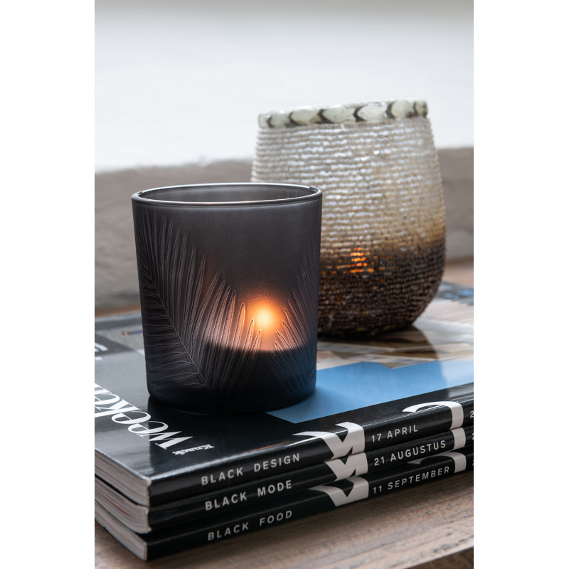 Photophore Cylindrique Automnia Diamètre 7 cm en Verre Noir Marron Motif feuilles (Lot de 2) - 2