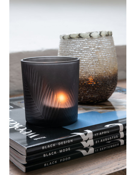 Photophore Cylindrique Automnia Diamètre 7 cm en Verre Noir Marron Motif feuilles (Lot de 2) - 2