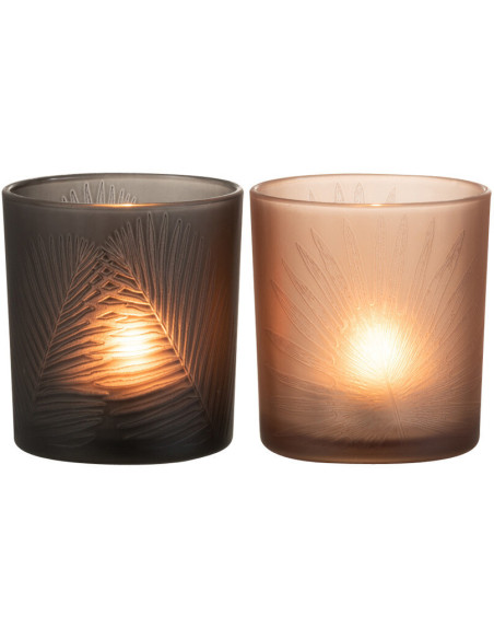 Photophore Cylindrique Automnia Diamètre 7 cm en Verre Noir Marron Motif feuilles (Lot de 2) - 3