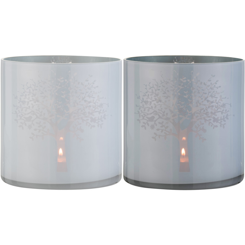 Photophore Cylindrique Hivero Diamètre 20 cm en Verre Blanc Bleu Motif Arbre (Lot de 2) - 1
