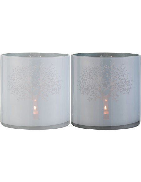 Photophore Cylindrique Hivero Diamètre 20 cm en Verre Blanc Bleu Motif Arbre (Lot de 2) - 1