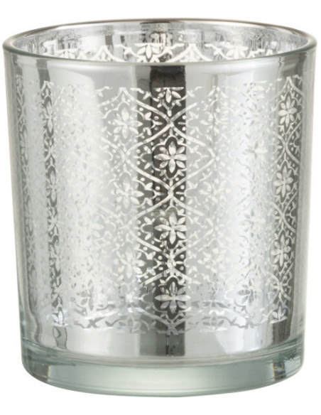 Photophore Cylindrique Lumiro Diamètre 7 cm en Verre Argenté Motif oriental - 1