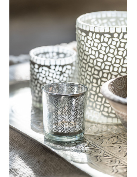 Photophore Cylindrique Lumiro Diamètre 7 cm en Verre Argenté Motif oriental - 2