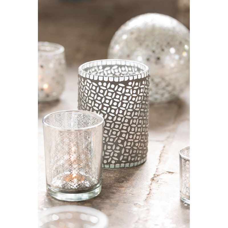 Photophore Cylindrique Lumiro Diamètre 7 cm en Verre Argenté Motif oriental - 5