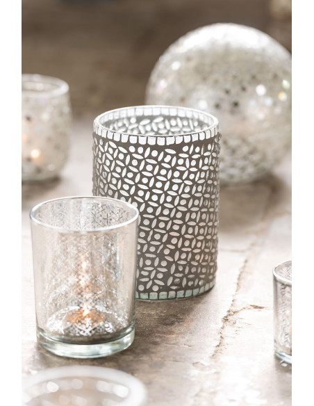 Photophore Cylindrique Lumiro Diamètre 7 cm en Verre Argenté Motif oriental - 5