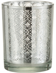 Photophore Cylindrique Lumiro Diamètre 10 cm en Verre Argenté Motif oriental - 1