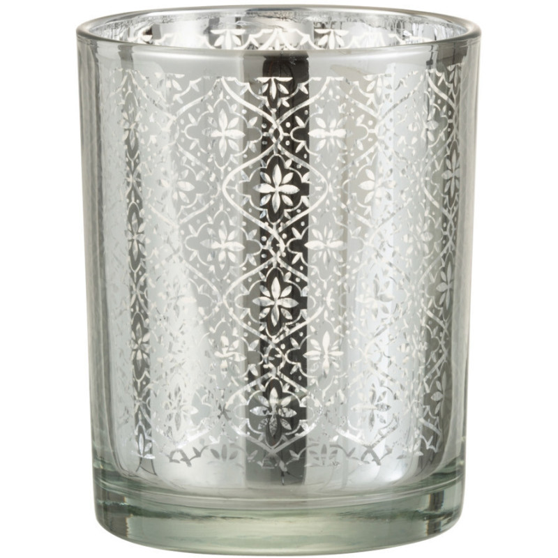 Photophore Cylindrique Lumiro Diamètre 10 cm en Verre Argenté Motif oriental - 1