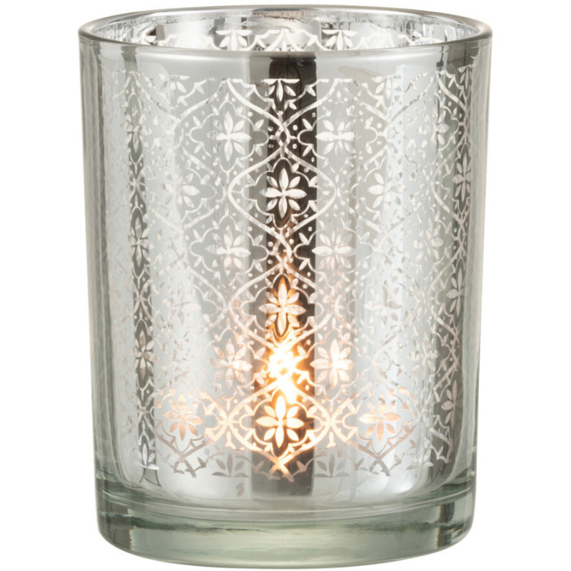 Photophore Cylindrique Lumiro Diamètre 10 cm en Verre Argenté Motif oriental - 2