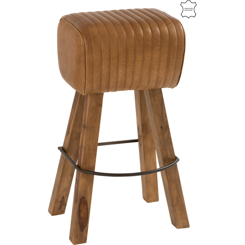 Tabouret de bar Gym en Cuir véritable Camel Bois de manguier Naturel - 1