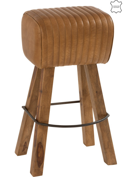 Tabouret de bar Gym en Cuir véritable Camel Bois de manguier Naturel - 1