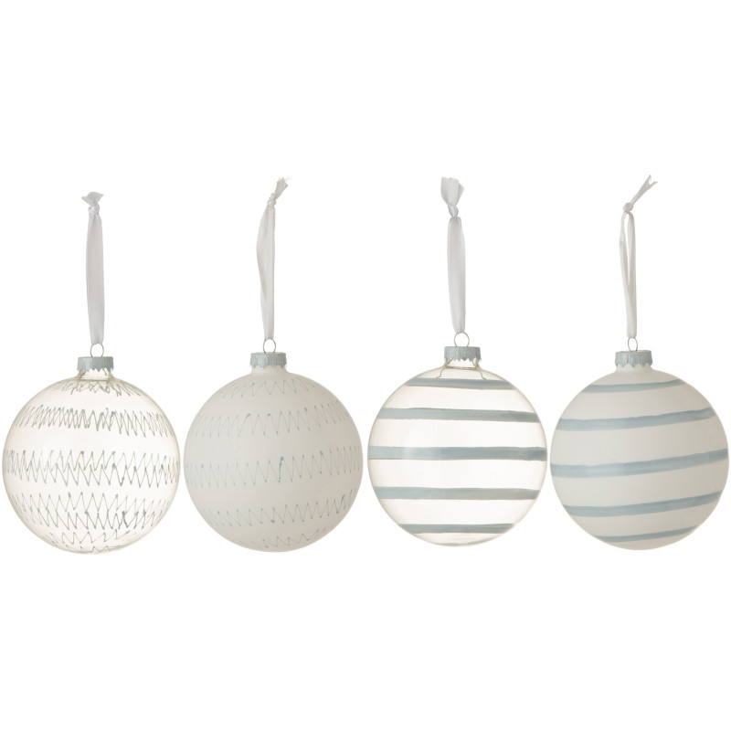Boule de Noël en Verre Transparent Bleu Blanc Motif rayures (Lot de 4) - 1