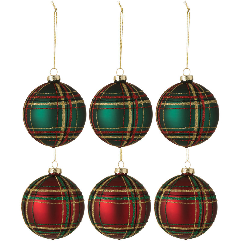 Boule de Noël en Verre Rouge Vert Motif écossais (Lot de 6) - 1