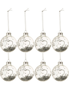 Boule de Noël en Verre Transparent Argenté Motif coeur Avec paillettes (Lot de 8) - 1