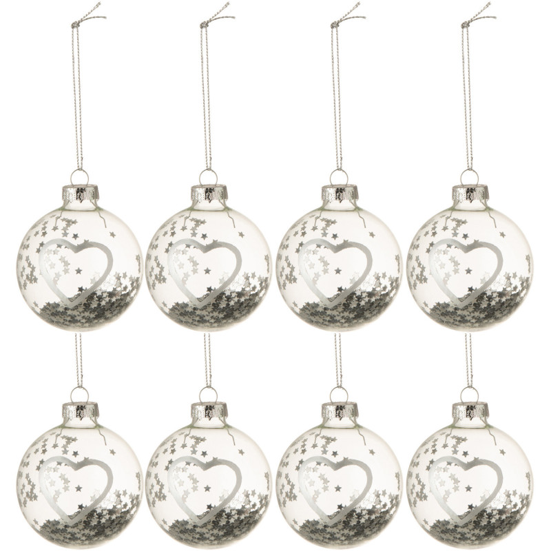 Boule de Noël en Verre Transparent Argenté Motif coeur Avec paillettes (Lot de 8) - 1