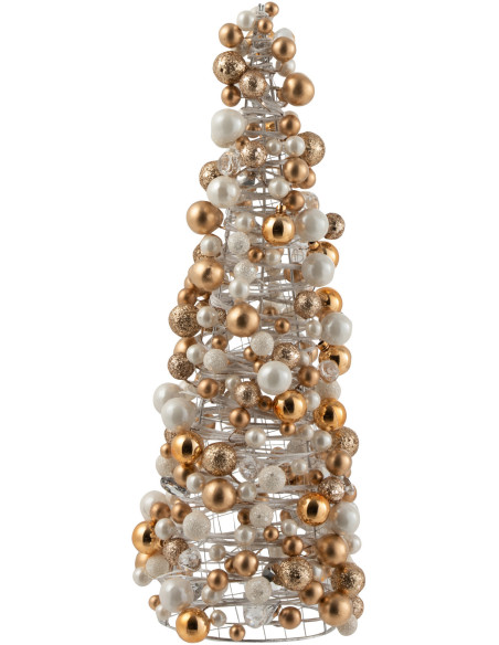 Cône de Noël Boules Hauteur 45 cm en Plastique Blanc Doré - 1