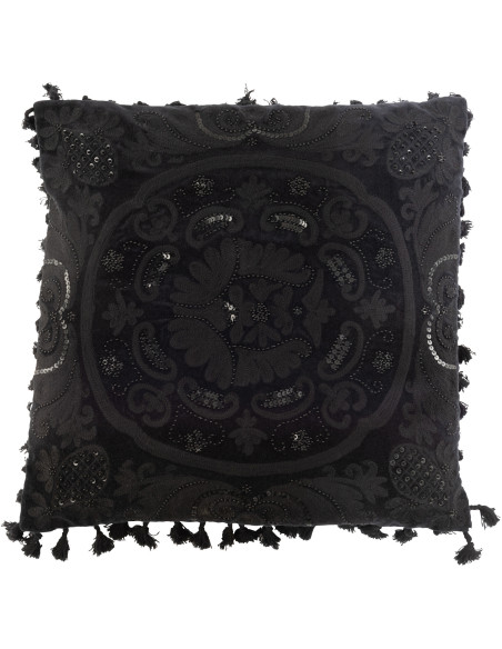 Coussin Carré Ghalo 45x45 en Coton Noir Motif marocain Avec pompons - 1