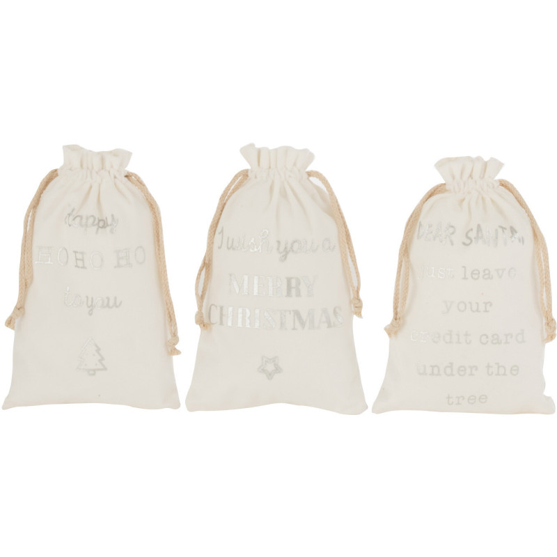 Sac Cadeaux de Noël Anglais 30 cm en Polyester Blanc Argenté Effet velours (Lot de 3) - 1