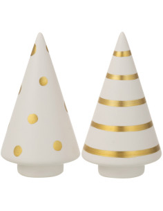 Décoration de Noël Sapin de Noël 10 cm en Céramique Blanc Doré Motif Pois & Lignes (Lot de 2) - 1